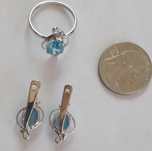 Swiss Blue Topaz Sterling  Scroll Design Setting Ring, Earrings Set - Picture 7 of 12